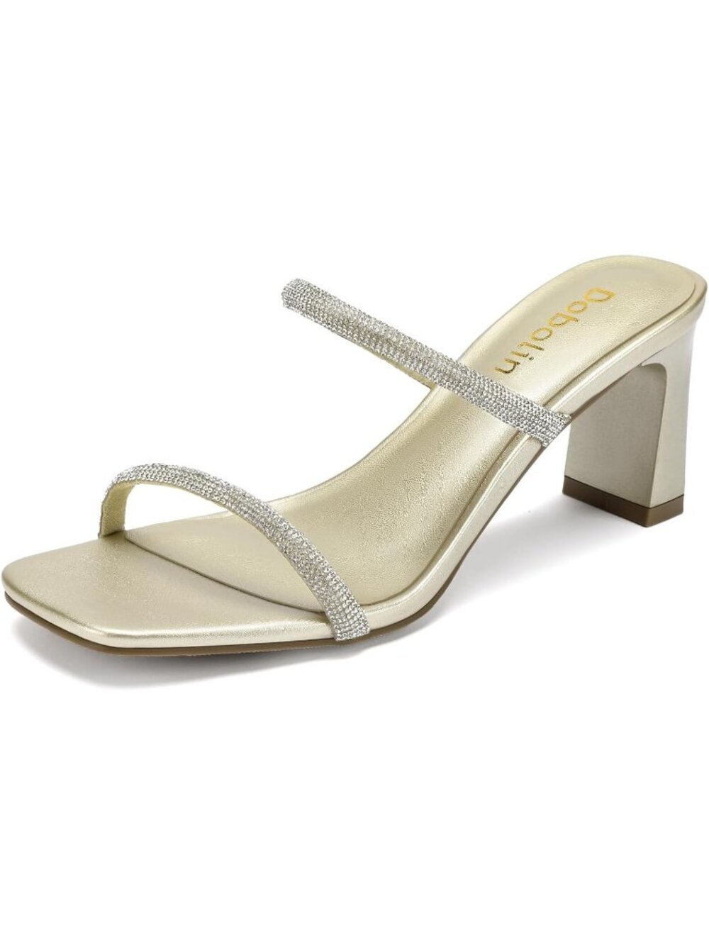 Women's Gold Rhinestone Square Toe Strap Slip On Block Heel Sandals